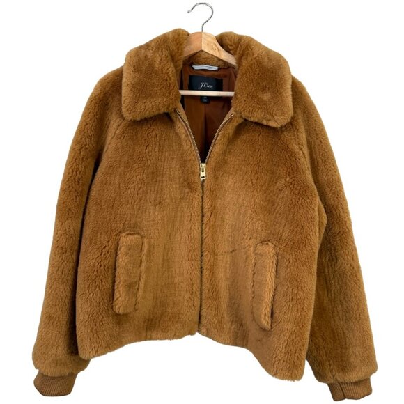 J. Crew Faux Fur Full Zip Bomber Jacket Womens 2X Cognac Preppy Designer Outdoor - Picture 2 of 15